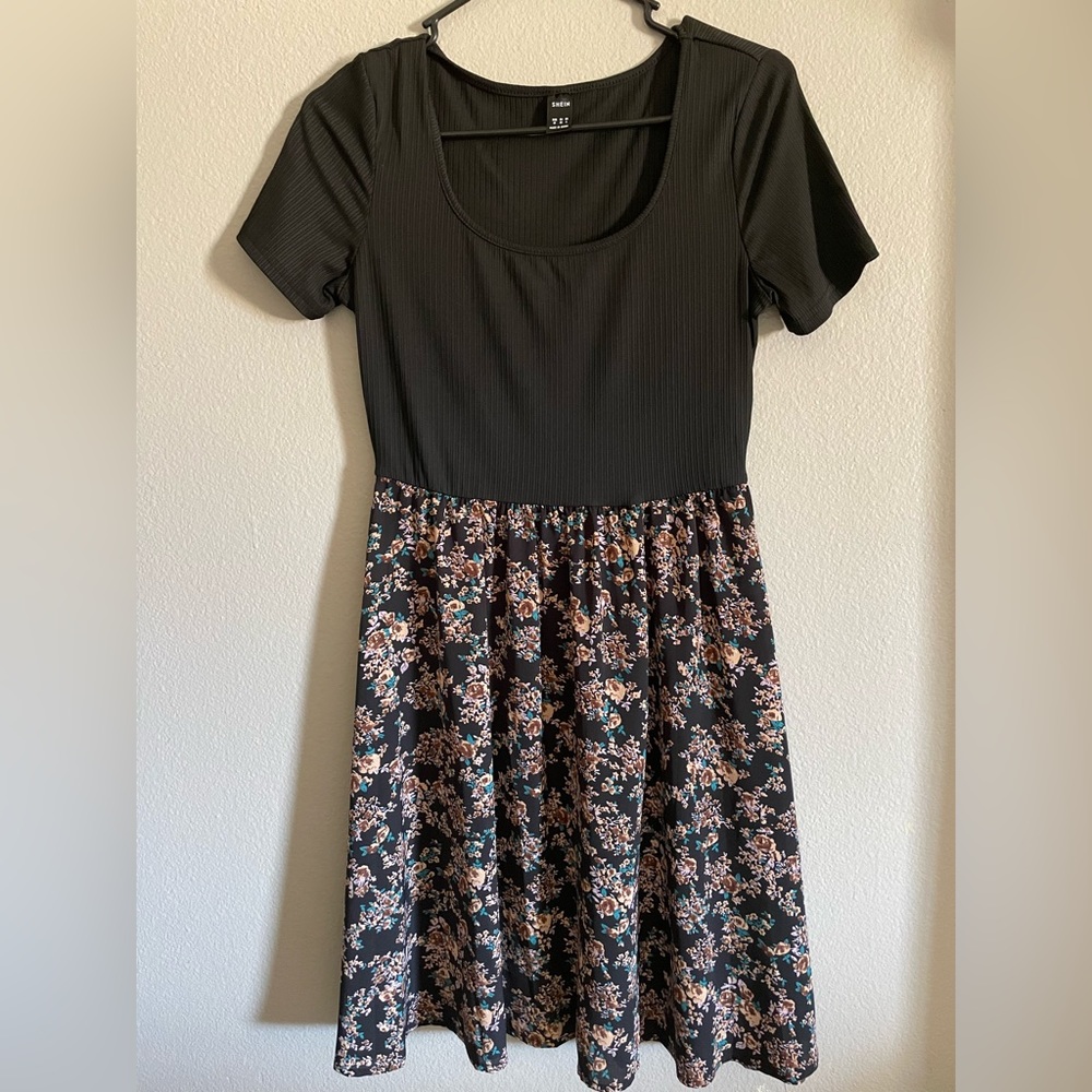 Shein , midi dress , size medium, black bottom floral
